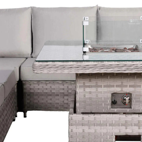 Integrated firepit table for outdoor dining and relaxation.
