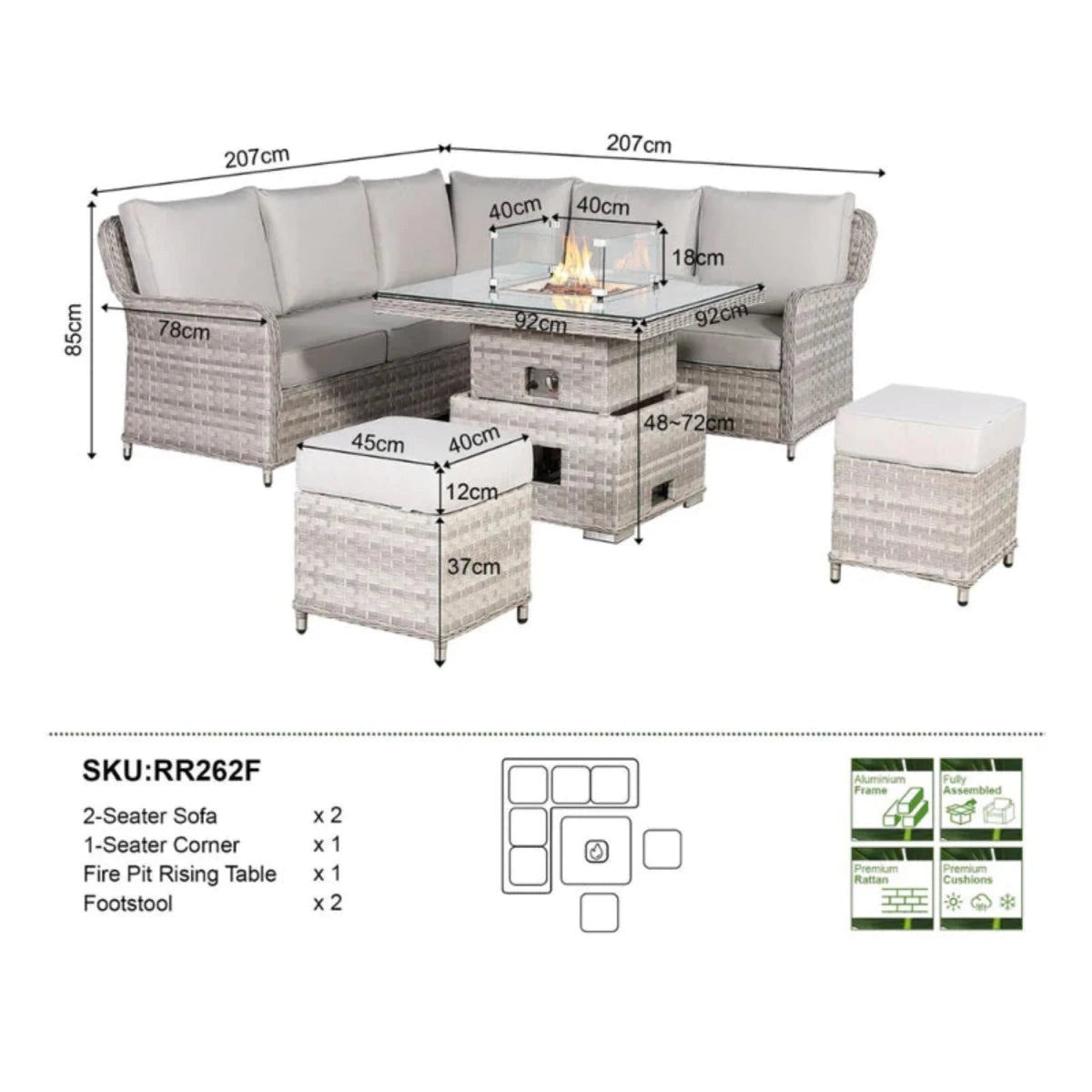 Outdoor square corner seating set dimensions with firepit table.