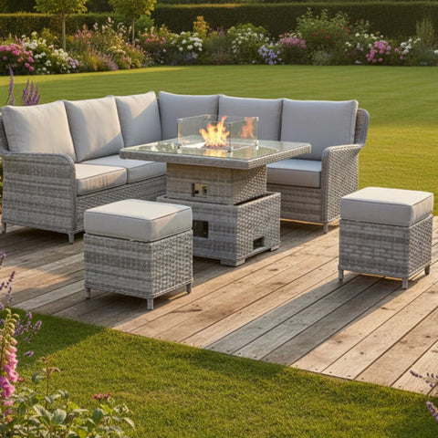 Modern square L-shape garden sofa set with firepit table design.