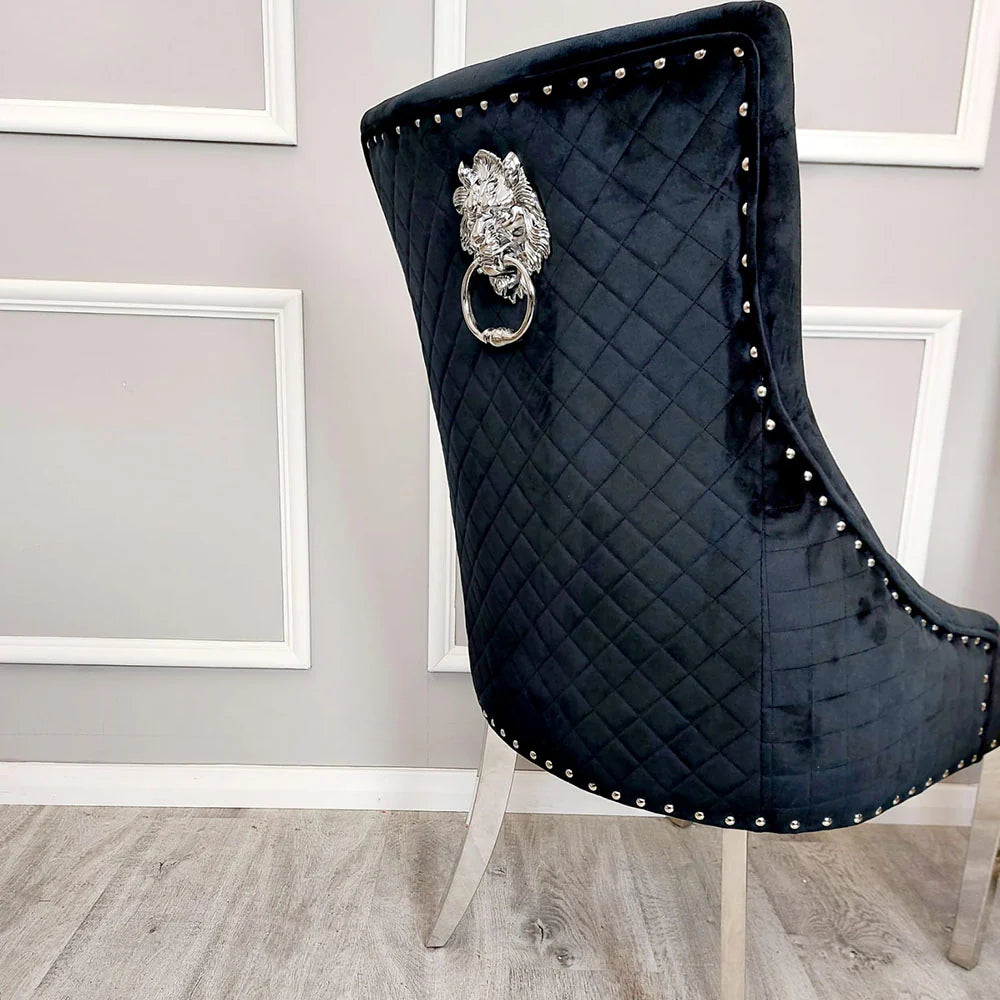 Black velvet Chrome Legs Dining Chairs with Chrome Lion knockerback - Back View