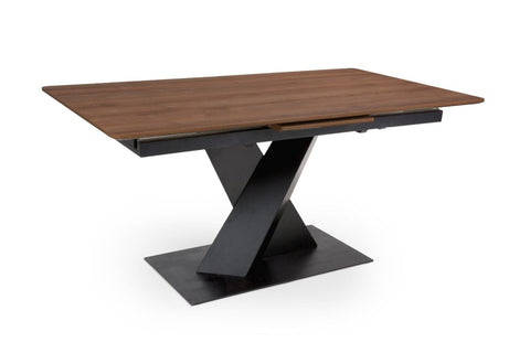 Angled View of Modern walnut effect dining table with cross-leg base and smart extending top. Extends 160–200cm. Stylish, heat and scratch-resistant design.