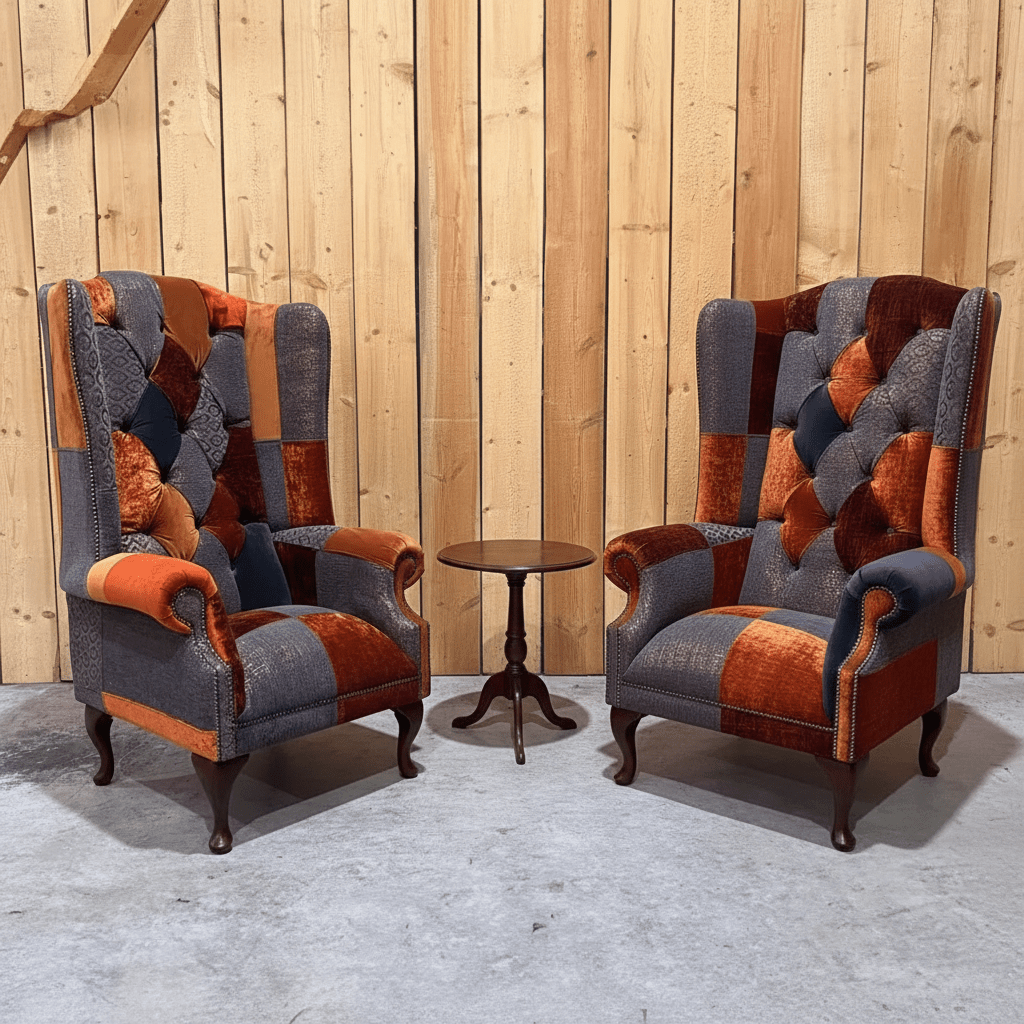 Pair of patchwork armchairs with a wooden table against a wooden paneled wall.