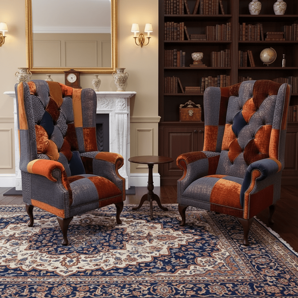 Oswald & Pablo Camborne Patchwork Velvet Chesterfield Wing Chair