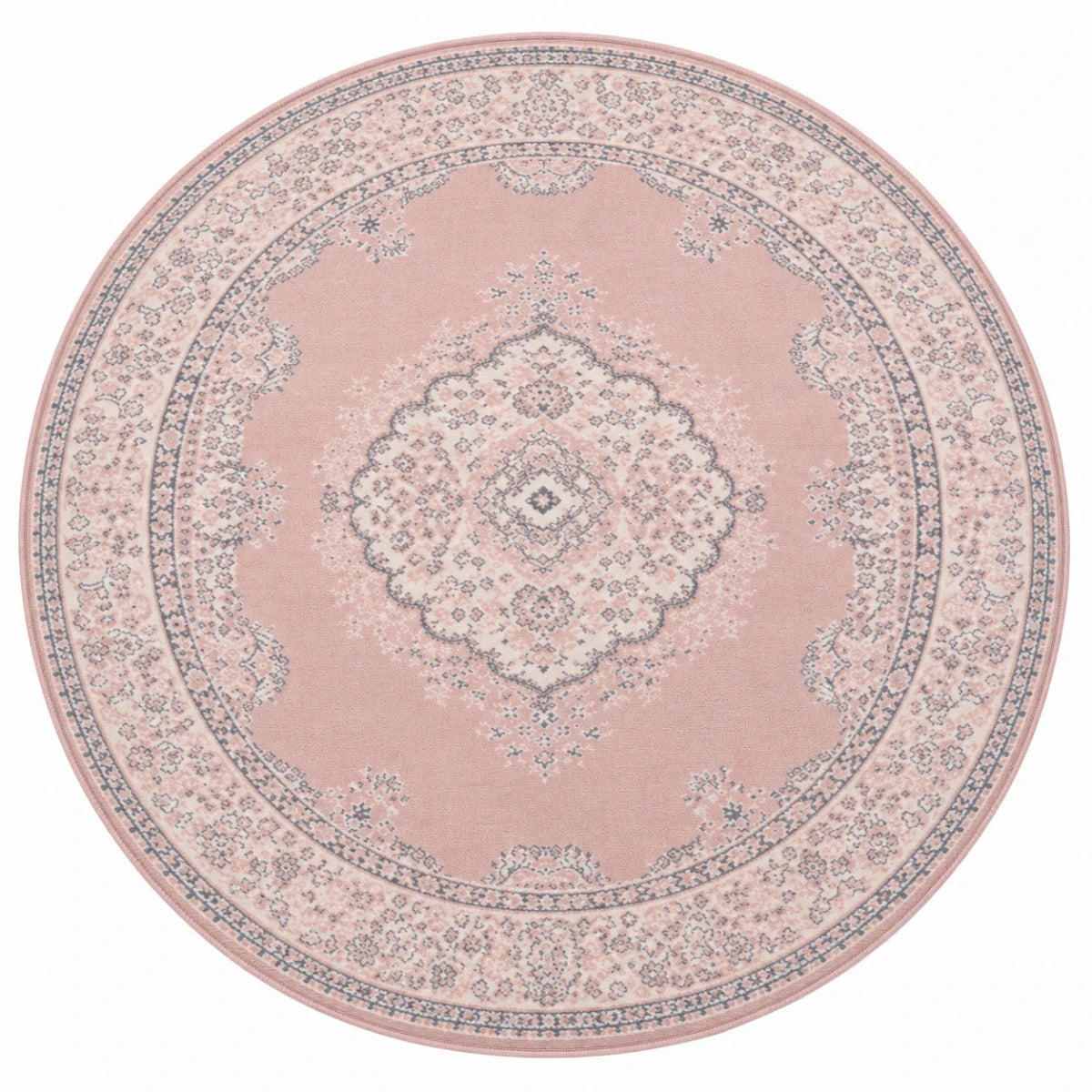 Round blush rug for minimalist and feminine spaces.