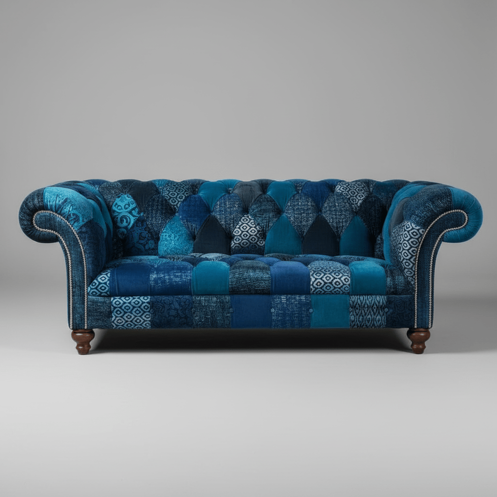 Dorset blue patchwork Chesterfield sofa with tufted seat