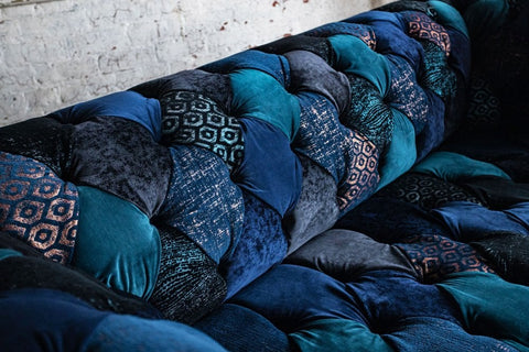 Oswald & Pablo Dorset Patchwork Velvet Chesterfield Sofa, available in various sizes and matching chairs - Patchwork Fabric Image