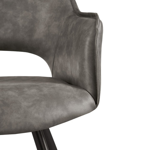 Harley Grey Distressed Leather Set of 4 Dining Chairs, matching bench available. Harley Dining Chair also available in Grey Boucle and Tan Suede - Close Up of Chair Design