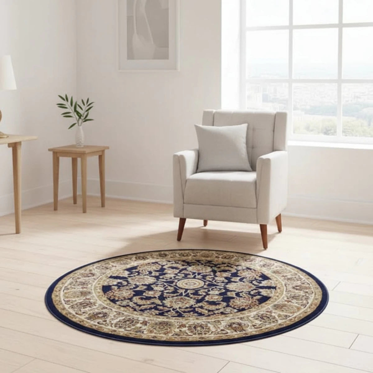 Circular navy rug with intricate classic design.