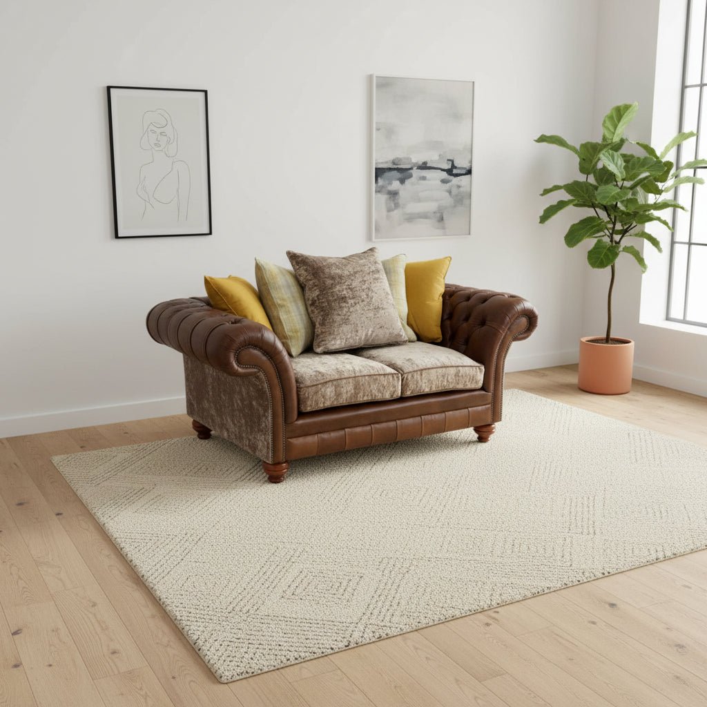 Brown leather sofa with patterned cushions against a rustic brick wall.