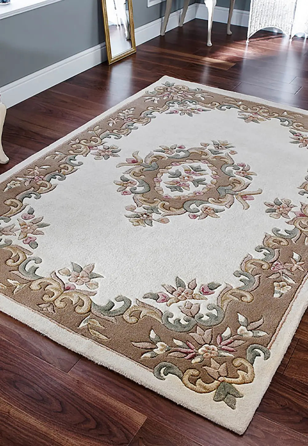 Royal Green Traditional Rug, also available in cream, red, rose, green, blue, beige. Available in 7 sizes - Lifestyle Image Cream and Beige